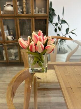 Pink Tulip Artificial Floral Arrangement in Clear Glass Vase